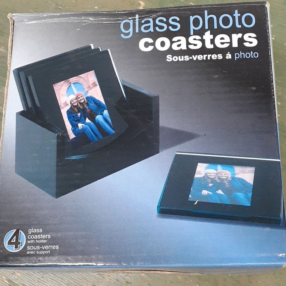 Glass Photo Coasters Set of 4 with Solid Wood Holder NIB